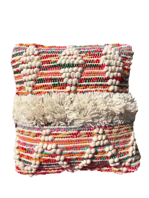 Square multi-coloured cushion with off white threads